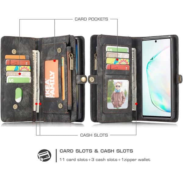 CaseMe For Samsung Galaxy Note 10 Zipper & Detachable Retro Leather Pouch With Chain Wallet Flip Purse Bag Detachable Phone Case Cover (Black)