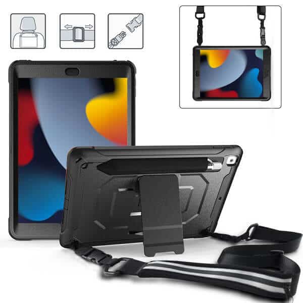For iPad 9th /8th /7th Gen 10.2 inch For Kids With Pencil Holder Shockproof Heavy Duty Kickstand Shoulder Belt Cover (Black)