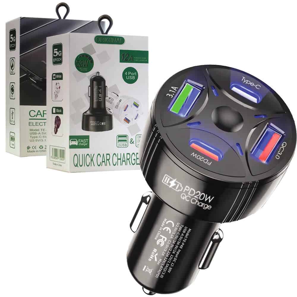 53W 12A 20W 2 PD USB Type C + 2 USB QC3.0 Multi 4 Ports Fast Charging Car Charger Socket Adapter