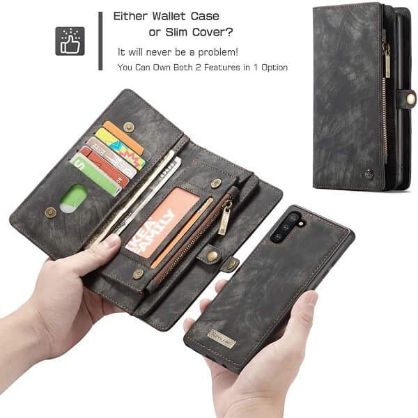CaseMe For Samsung Galaxy Note 10 Zipper & Detachable Retro Leather Pouch With Chain Wallet Flip Purse Bag Detachable Phone Case Cover (Black)