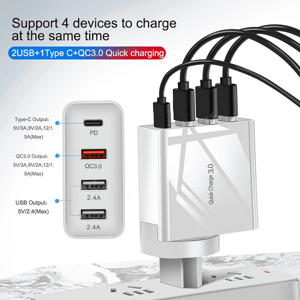 Qualcomm QC3.0 4 Ports 48W PD Fast Charging Charger Multi PD30W +QC18W Wall Plug Adapter (White)