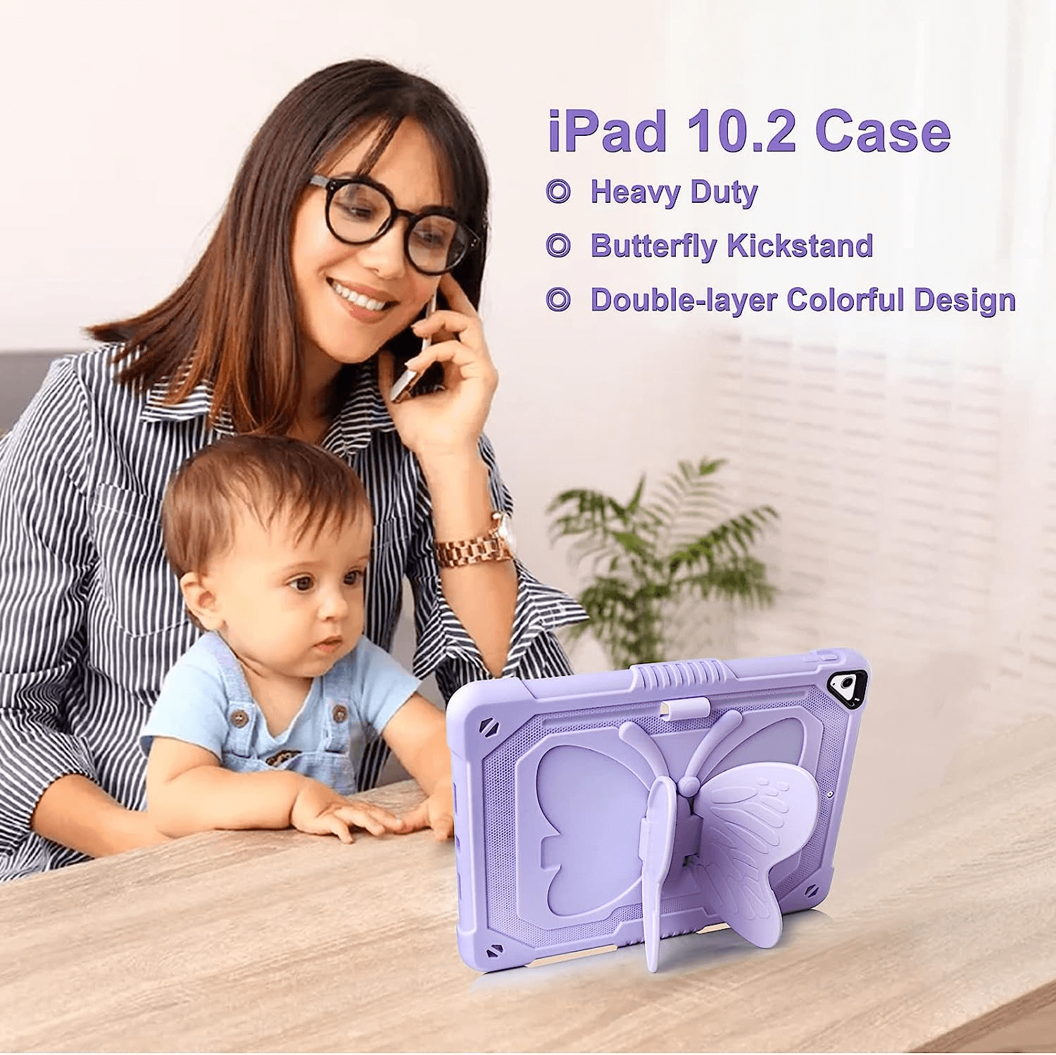 Apple iPad 10.2 inch 9th/8th/7th Gen/Air 3/Pro 10.5 inch Butterfly Shockproof Heavy Duty Kickstand Case Pencil Holder Cover (Purple)