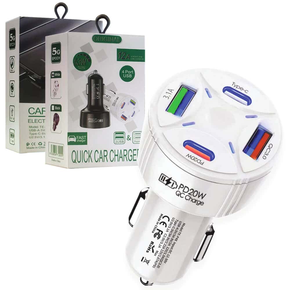 53W 12A 20W 2 PD USB Type C + 2 USB QC3.0 Multi 4 Ports Fast Charging Car Charger Socket Adapter