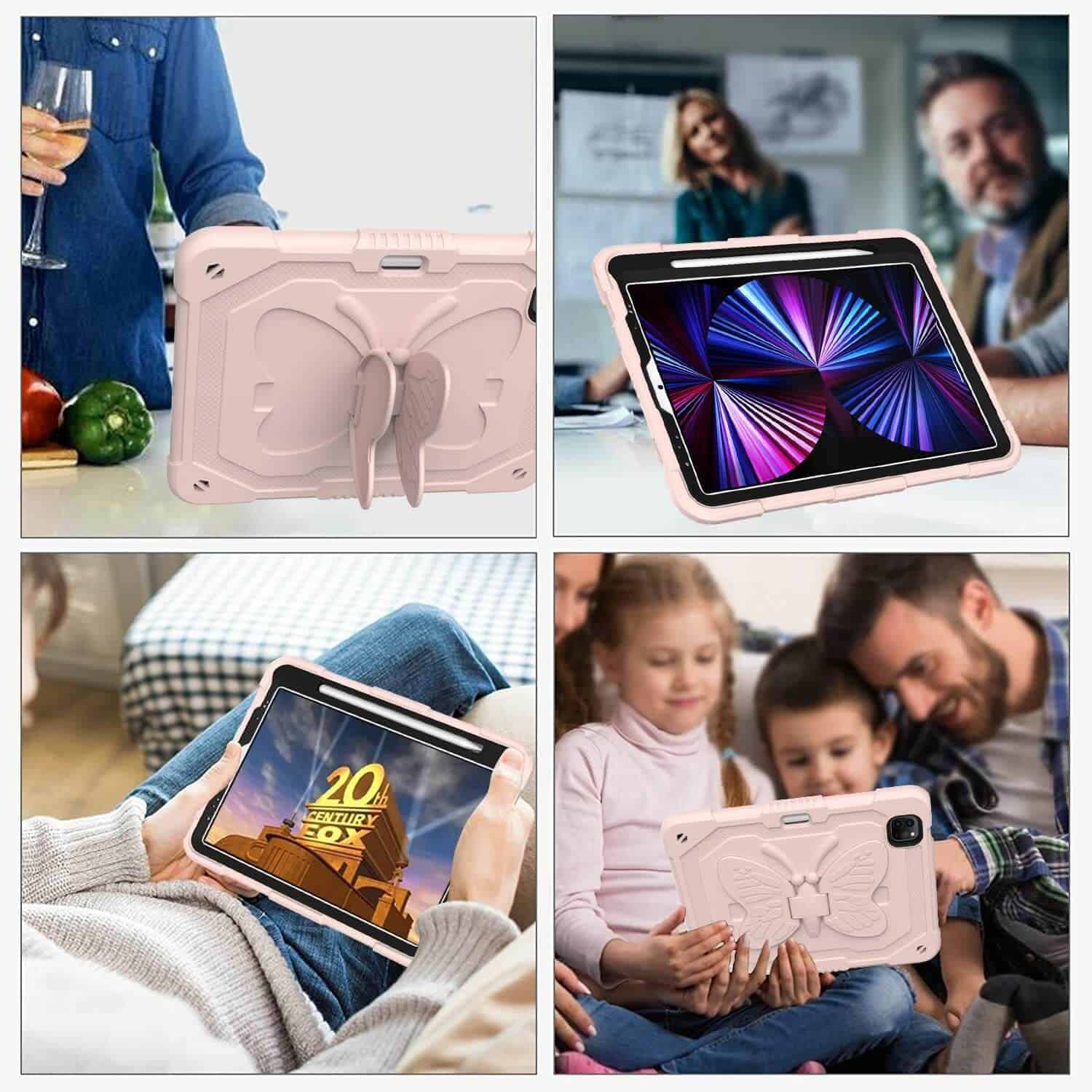 Apple iPad Air 10.9 Inch 5th/4th Gen 2022/2020 /Pro 11 inch 2022/2021/2020/2018 Kids Butterfly Shockproof Heavy Duty Kickstand Case Cover (Pink)