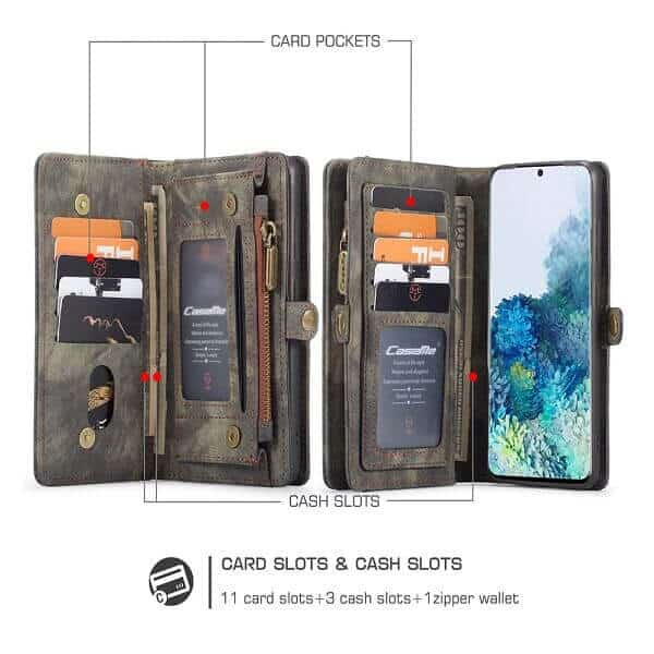 CaseMe For Samsung Galaxy S20 FE | S20+ /S20 Plus | S20 Ultra Zipper & Detachable Retro Leather Pouch Wallet Flip Purse Bag Detachable Phone Case Cover (Black)