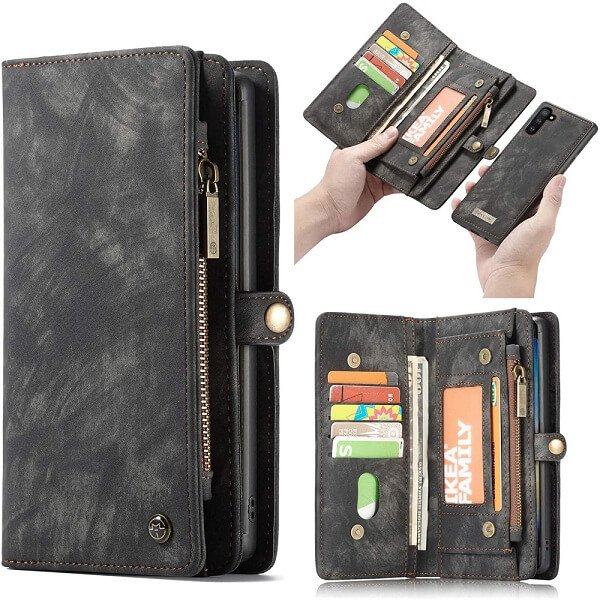 CaseMe For Samsung Galaxy Note 10 Zipper & Detachable Retro Leather Pouch With Chain Wallet Flip Purse Bag Detachable Phone Case Cover (Black)