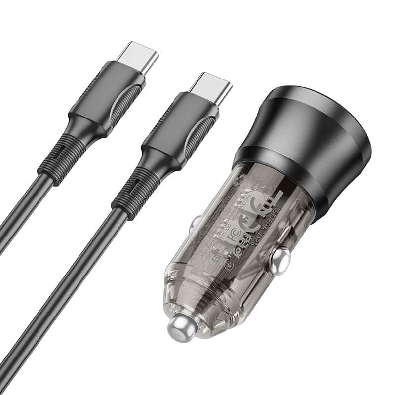 BOROFONE BZ25 Journey PD38W (1C1A) Fast Charging Quick Car Charger With PD USB Type C to Type C Cable Cord (Transparent Black)