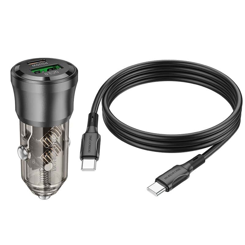 BOROFONE BZ25 Journey PD38W (1C1A) Fast Charging Quick Car Charger With PD USB Type C to Type C Cable Cord (Transparent Black)