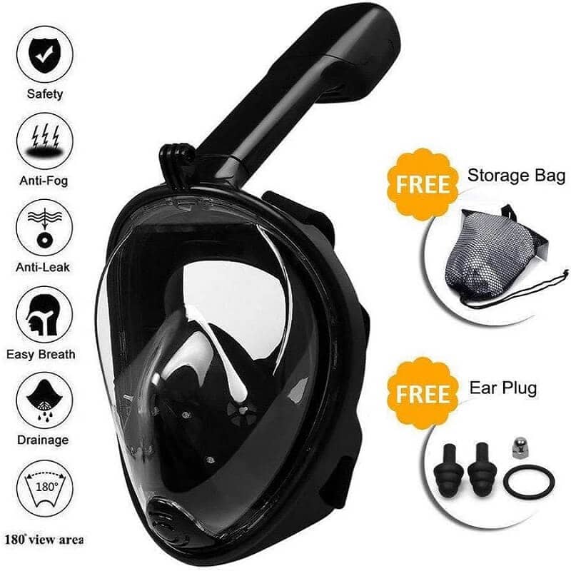 Snorkel Mask Full Face Diving Swimming Scuba Detachable Breathing Tube with Action Camera Mount Adapter Anti-Fog Panoramic 180° View Design for Man Woman Adult Kids (Black)