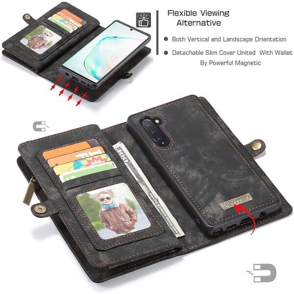 CaseMe For Samsung Galaxy Note 10 Zipper & Detachable Retro Leather Pouch With Chain Wallet Flip Purse Bag Detachable Phone Case Cover (Black)