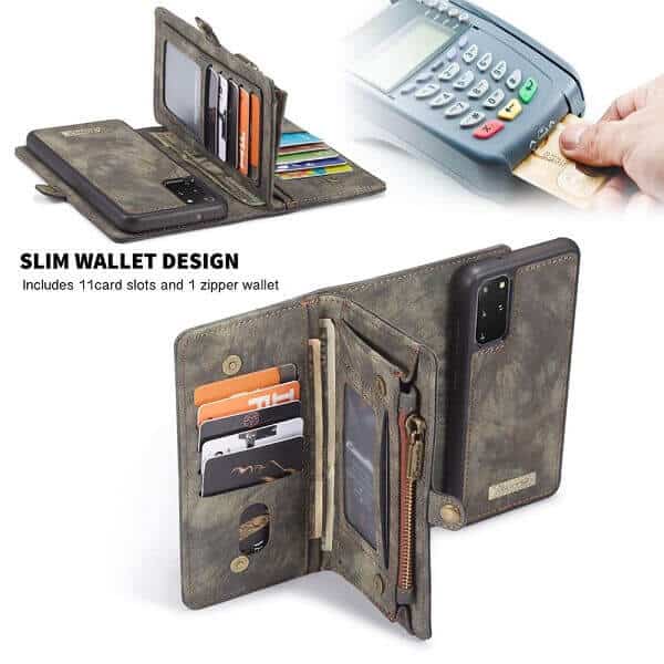 CaseMe For Samsung Galaxy S20 FE | S20+ /S20 Plus | S20 Ultra Zipper & Detachable Retro Leather Pouch Wallet Flip Purse Bag Detachable Phone Case Cover (Black)