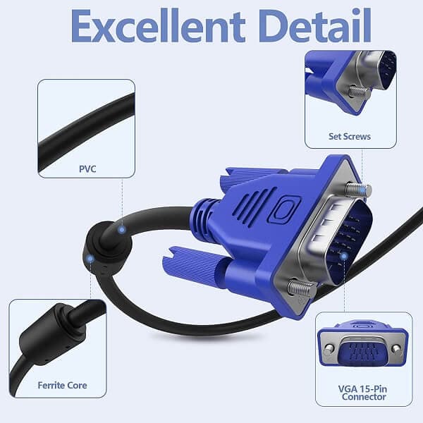 1.5M /5ft VGA to VGA Cable Adapter 15 Pin 1080P Full HD Male to Male Monitor Adaptor for Computer PC Laptops TV Projectors