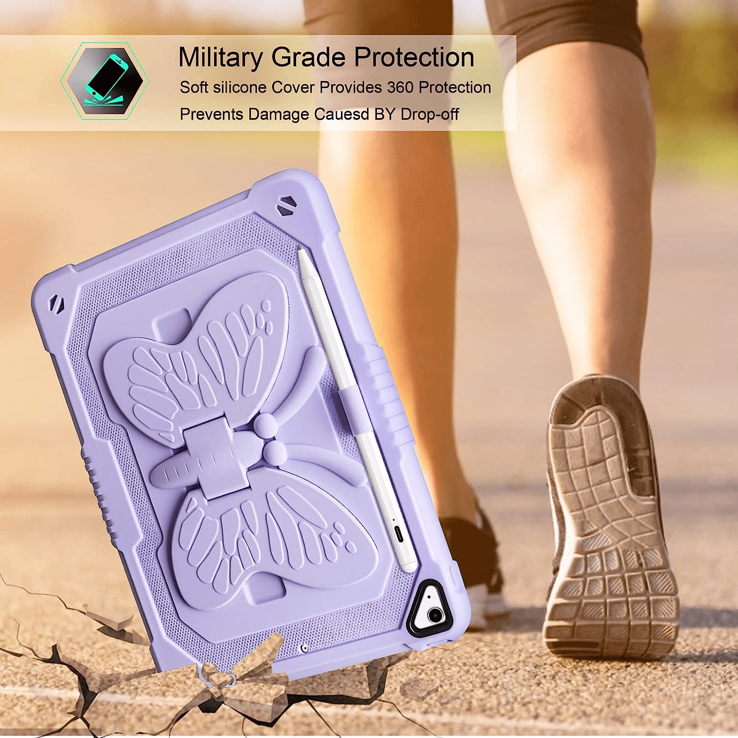 Apple iPad 10.2 inch 9th/8th/7th Gen/Air 3/Pro 10.5 inch Butterfly Shockproof Heavy Duty Kickstand Case Pencil Holder Cover (Purple)