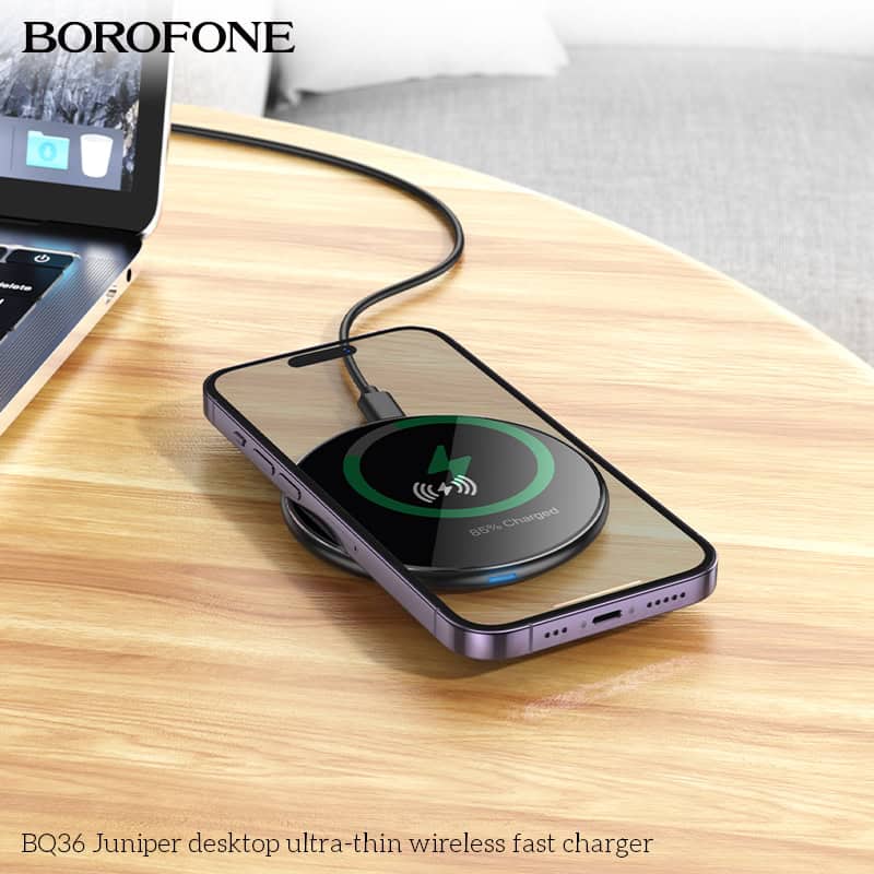 Borofone BQ36 15W Ultra Thin Fast Charger Desktop Wireless Charging Pad For iPhone, Samsung Galaxy, Google, Huawei (Black)