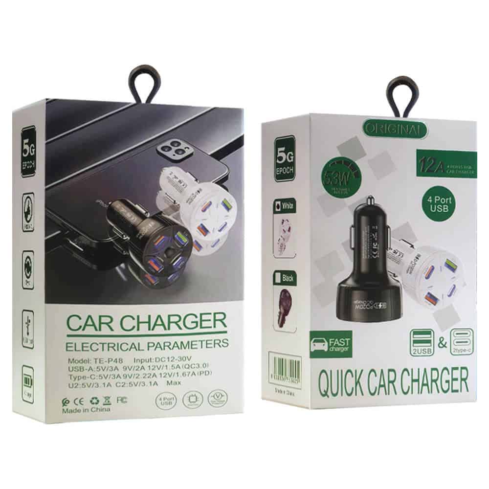 53W 12A 20W 2 PD USB Type C + 2 USB QC3.0 Multi 4 Ports Fast Charging Car Charger Socket Adapter