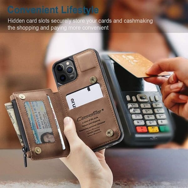Apple iPhone 11 Pro CaseMe Back Zipper Wallet Case W 3 Card Slots, RFID Blocking, 1 Money Pocket, Credit Card Holder Leather Cover (Brown)