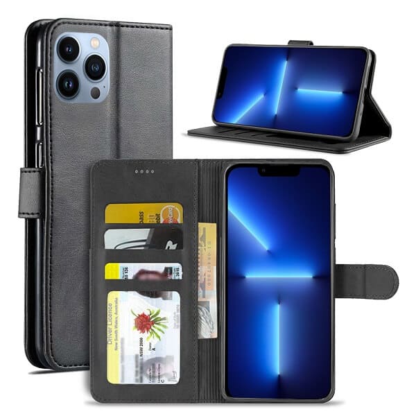 Apple iPhone 13 Pro Max Wallet Case Flip Leather Card Slots Magnetic Stand Cover (Black)