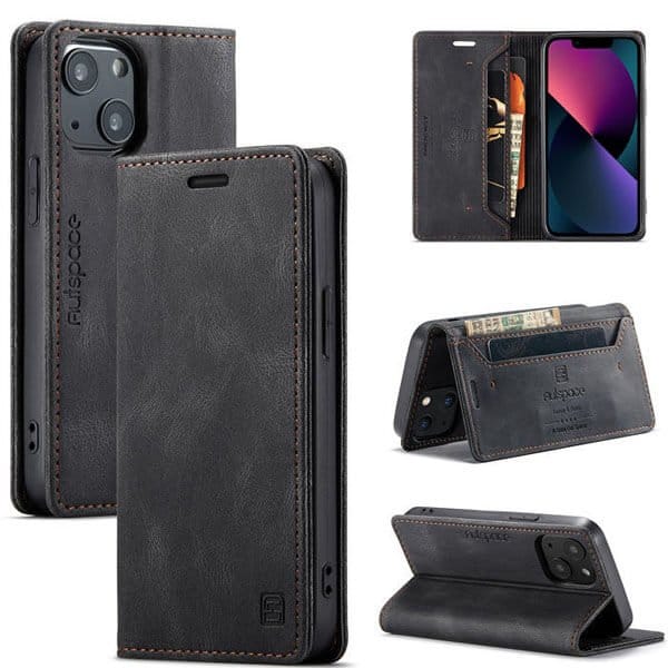 AutSpace For Apple iPhone 13 /13 Pro / 13 Pro Max / 13 Mini Case RFID Blocking Retro Flip Premium Leather Card Holder Wallet Cover