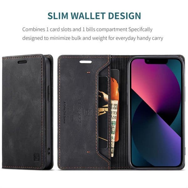 AutSpace For Apple iPhone 13 Case RFID Blocking Retro Flip Premium Leather Card Holder Wallet Cover - Black