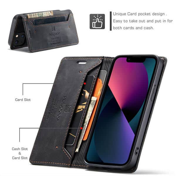 AutSpace For Apple iPhone 13 Case RFID Blocking Retro Flip Premium Leather Card Holder Wallet Cover - Black