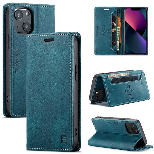 AutSpace For Apple iPhone 13 /13 Pro / 13 Pro Max / 13 Mini Case RFID Blocking Retro Flip Premium Leather Card Holder Wallet Cover