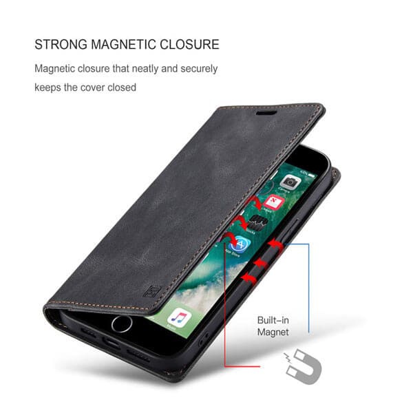 AutSpace For Apple iPhone 7 8 Case RFID Blocking Retro Flip Premium Leather Card Holder Wallet Cover - Black