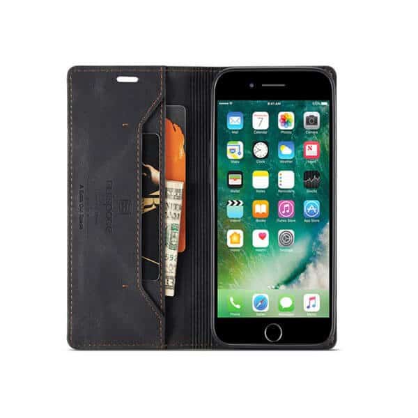 AutSpace For Apple iPhone 7 8 Case RFID Blocking Retro Flip Premium Leather Card Holder Wallet Cover - Black
