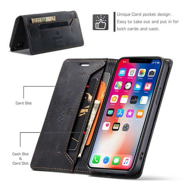 AutSpace For Apple iPhone X XS Case RFID Blocking Retro Flip Premium Leather Card Holder Wallet Cover - Black