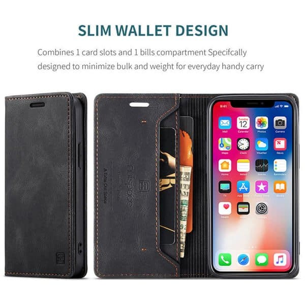 AutSpace For Apple iPhone X XS Case RFID Blocking Retro Flip Premium Leather Card Holder Wallet Cover - Black