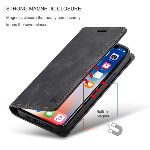 AutSpace For Apple iPhone X XS Case RFID Blocking Retro Flip Premium Leather Card Holder Wallet Cover - Black