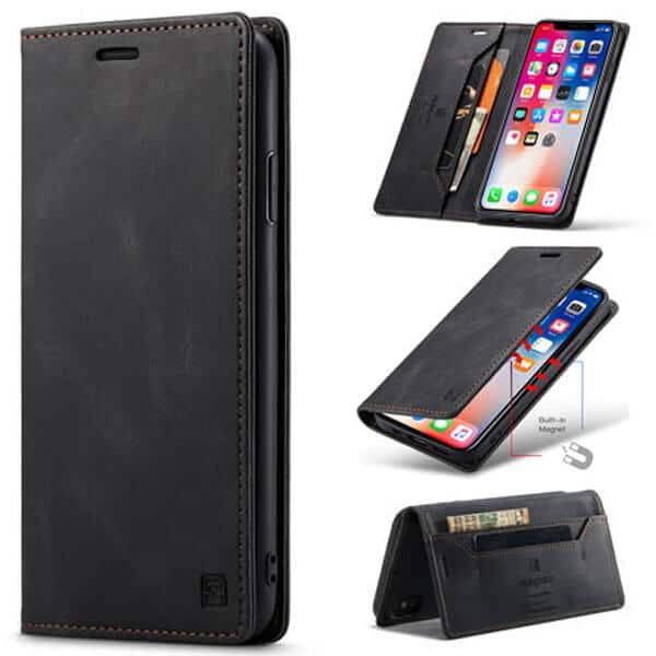 AutSpace For Apple iPhone X / XS / XR Case RFID Blocking Retro Flip Premium Leather Card Holder Wallet Cover