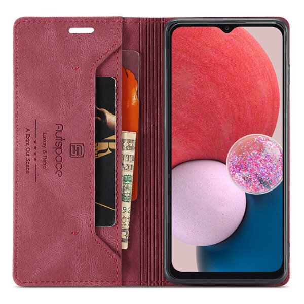 AutSpace For Samsung Galaxy A13 4G Case RFID Blocking Retro Flip Premium Leather Card Holder Wallet Cover - (Red)