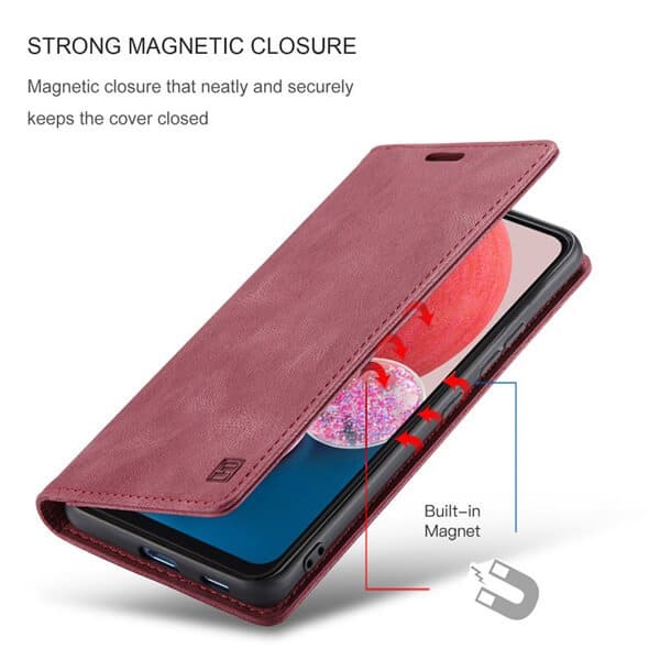 AutSpace For Samsung Galaxy A13 4G Case RFID Blocking Retro Flip Premium Leather Card Holder Wallet Cover - (Red)