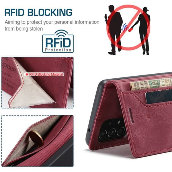 AutSpace For Samsung Galaxy A13 4G Case RFID Blocking Retro Flip Premium Leather Card Holder Wallet Cover - (Red)