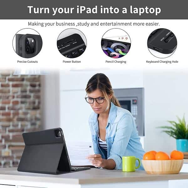 With Pencil Holder For Apple iPad Pro 12.9 inch 2022 /2021 /2020 /2018 Wireless Bluetooth Keyboard Case Leather Smart Cover (Black)