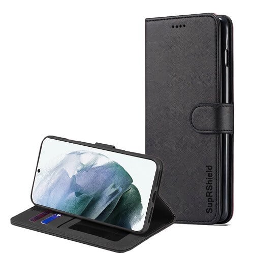 Samsung Galaxy S21 5G SupRShield Wallet Leather Card Holder Flip Protective Shockproof Magnetic Case Cover (Black)