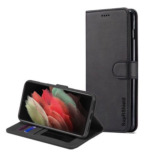 Samsung Galaxy S21 Ultra SupRShield Wallet Leather Card Holder Flip Protective Shockproof Magnetic Case Cover (Black)