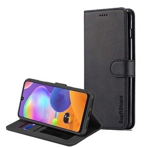 Samsung Galaxy A31 Leather Case Wallet Card Pocket Flip Shockproof Cover (Black)