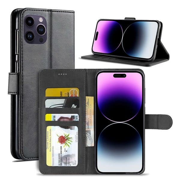 Apple iPhone 14 Pro Max Wallet Leather Shockproof Cover Case Black