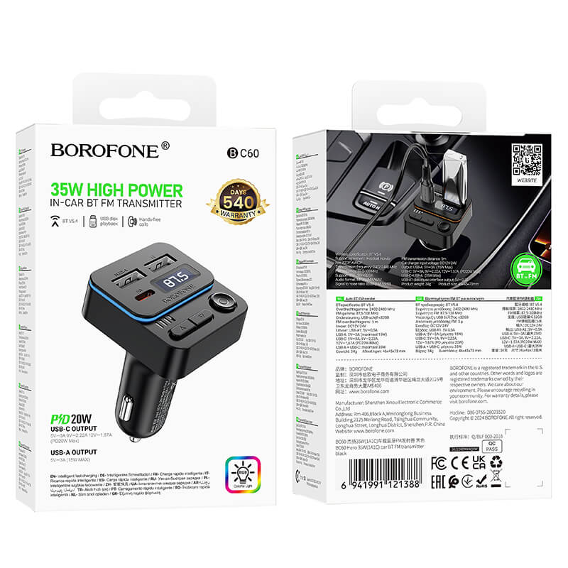 Borofone BC60 BT 5.4 Hero 35W PD20W USB Type C Fast Car Charger (1A1C) Car Player Wireless Bluetooth FM transmitter