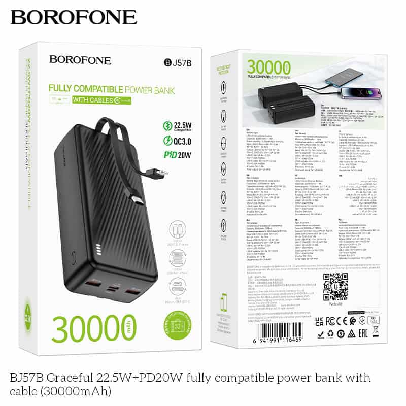 Borofone BJ57B 30000mAh 22.5W+PD20W Fast Charging Charger Portable High Capacity Power Bank With Type C & Lightning Cable (Black)