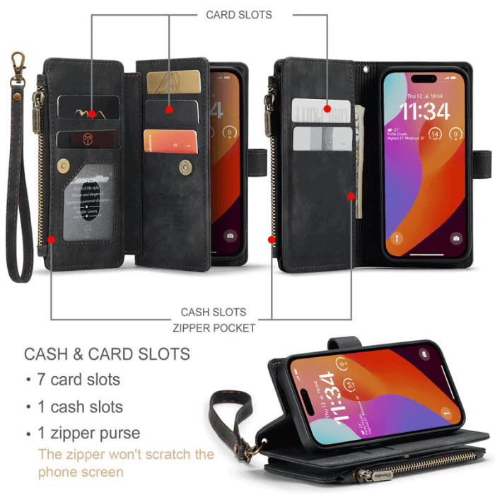 CaseMe C30 For Apple iPhone 1616 Pro16 Pro Max Plus Vintage Leather Folio Zipper Wallet Case with Magnetic Closure and 7 Card Slots (2)