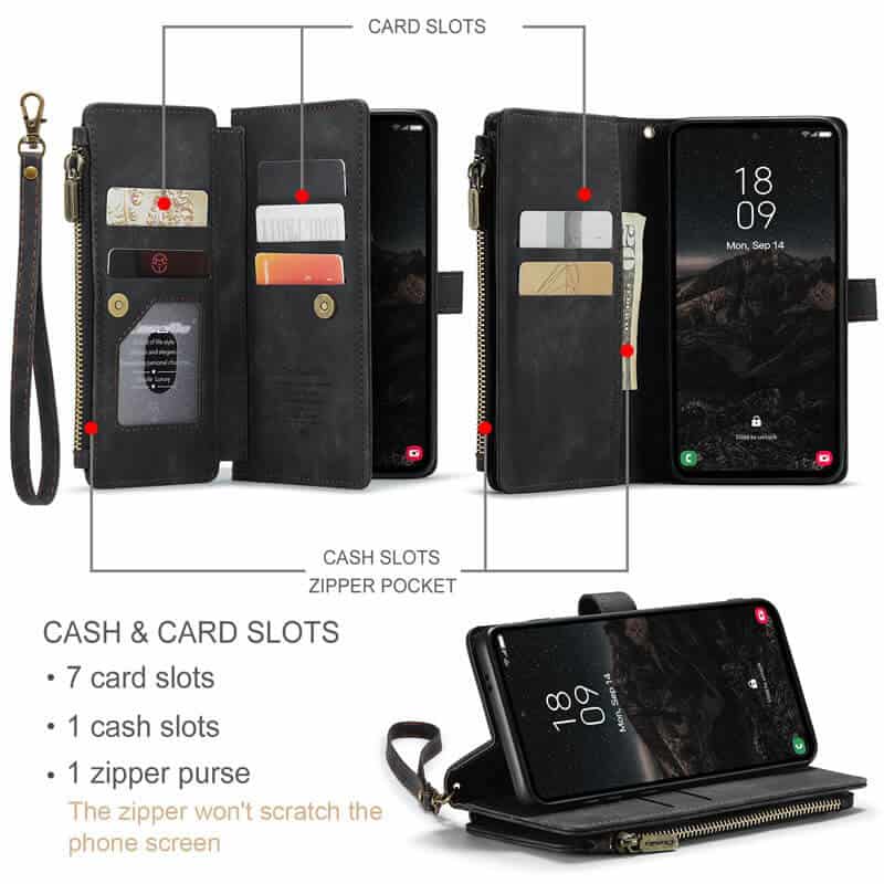 CaseMe C30 For Samsung Galaxy S24 FE Vintage Leather Folio Zipper Wallet Case with Magnetic Closure and 7 Card Slots