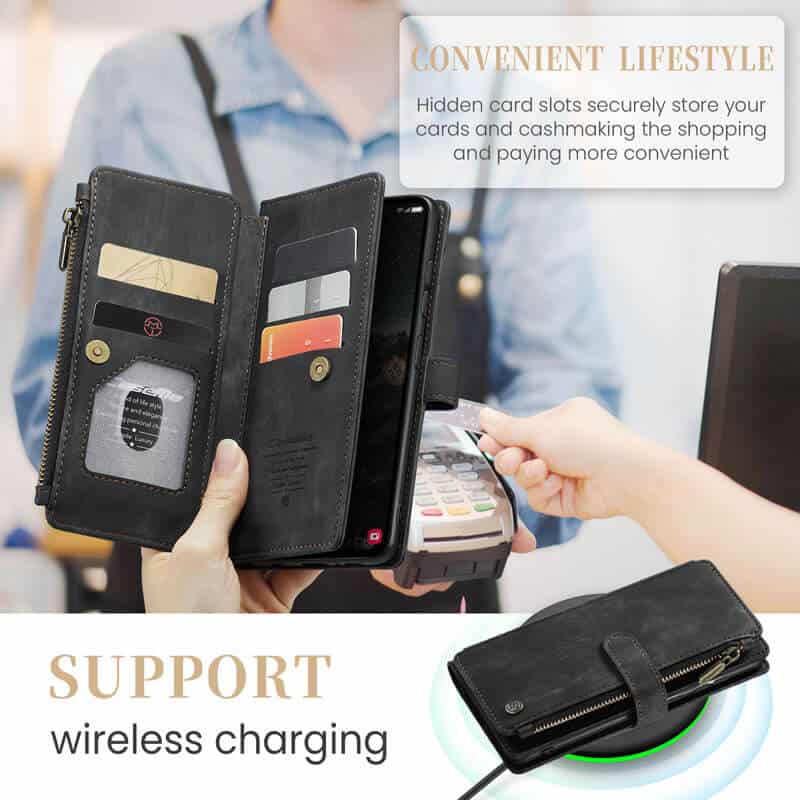 CaseMe C30 For Samsung Galaxy S24 FE Vintage Leather Folio Zipper Wallet Case with Magnetic Closure and 7 Card Slots