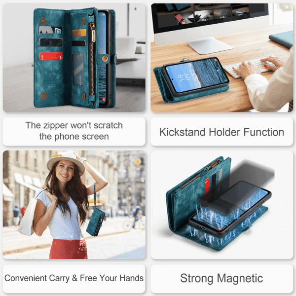 CaseMe For Samsung Galaxy A54 5G Magnetic Detachable Leather Zipper Wallet Case with Wrist Strap - Sky Blue