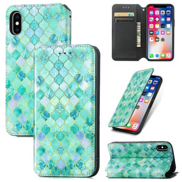 CaseNeo For Apple iPhone X XS Leather Wallet Flip Case With RFID Blocking Credit Card Holder Slots Cover - Emerald
