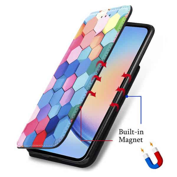 CaseNeo For Samsung Galaxy A34 5G Leather Wallet Flip Case With RFID Blocking Credit Card Holder Slots Cover - Colored Squares