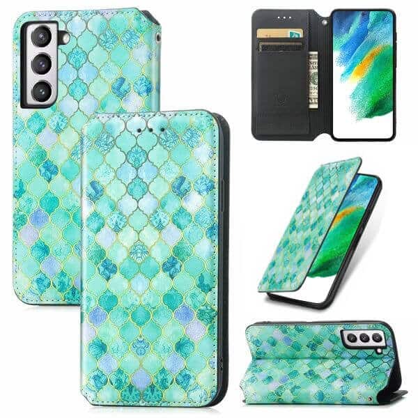 CaseNeo For Samsung Galaxy S21 FE Leather Wallet Flip Case With RFID Blocking Credit Card Holder Slots Cover - Emeralds