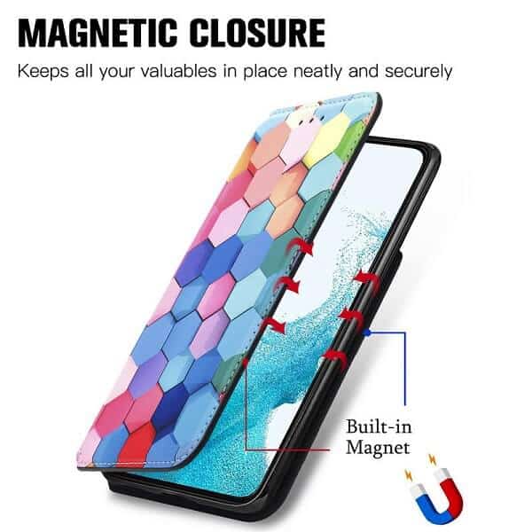 CaseNeo For Samsung Galaxy S22 5G Leather Wallet Flip Case With RFID Blocking Credit Card Holder Slots Cover - Colored Squares