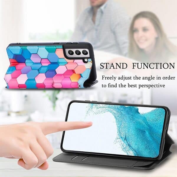 CaseNeo For Samsung Galaxy S22 5G Leather Wallet Flip Case With RFID Blocking Credit Card Holder Slots Cover - Colored Squares